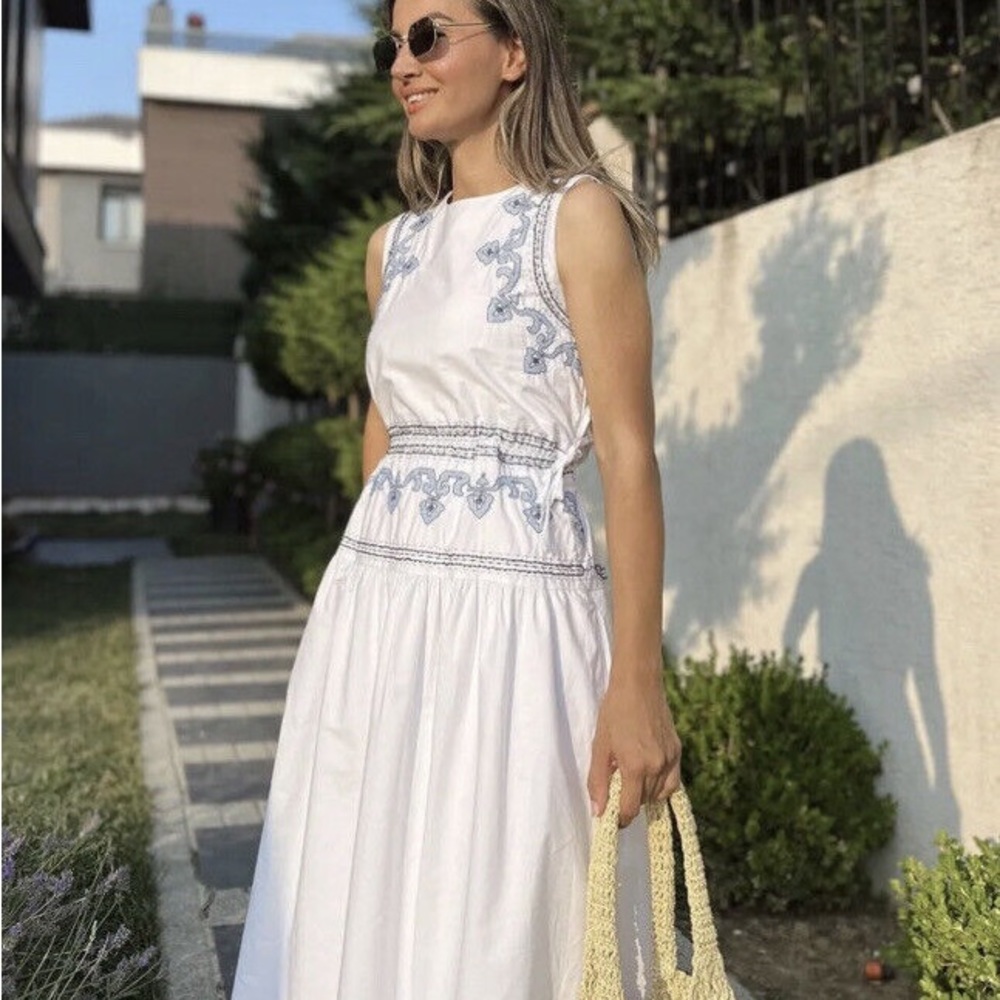 Zara White and Blue Midi Dress